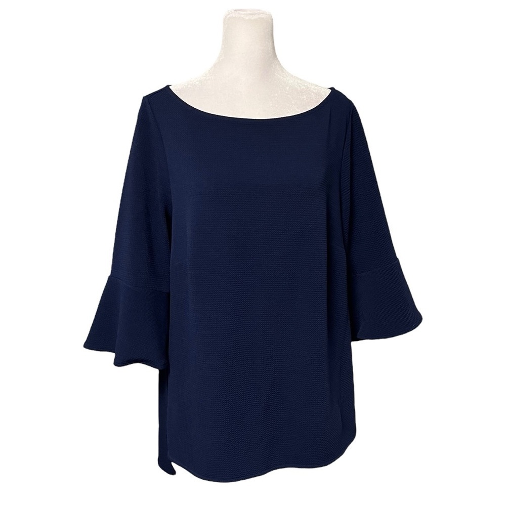 𝅺Eloquii Navy Textured Bell Sleeve Blouse Size 14